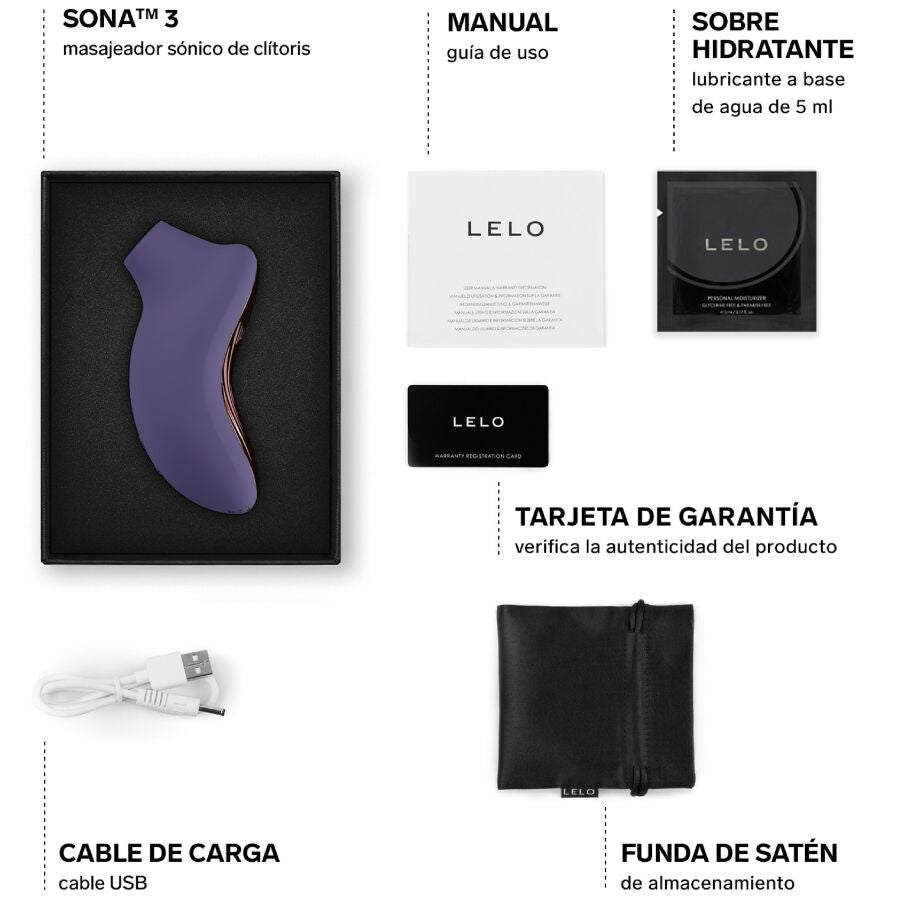 LELO product packaging with purple device, USB cable, satin case, and warranty card on a white background.